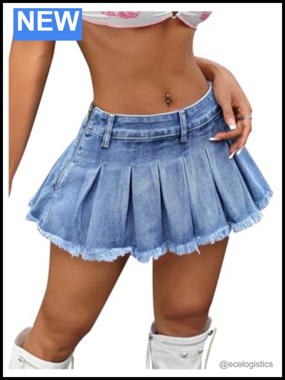 Y2K Low Waist Pleated Denim Skirt Raw Hem Mini Zipper Ruffle Jean Skirt